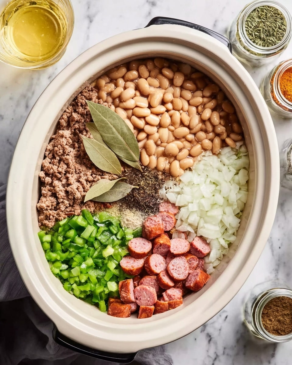 A white oval slow cooker filled with different layers of ingredients arranged neatly without mixing. On top, light brown pinto beans cover almost one-third of the space. Next to the beans, finely chopped white onions form a thick white layer. Below the onions, cooked ground beef with a crumbly, dark brown texture fills a small portion. Three dried bay leaves rest on top of the beef and adjacent spices. A mix of powdered spices creates a small cluster with shades of brown, beige, and green. Bright green chopped bell peppers and darker green fresh herbs occupy the left side. Below the peppers, small sliced sausages and chunks of reddish meat are placed together, the sausage cuts showing a pinkish color with some white spots. The cooker sits on a white marbled surface next to a glass of light yellow liquid and small jars of spices, with a woman's hand holding the slow cooker from the left edge. Photo taken with an iphone --ar 4:5 --v 7