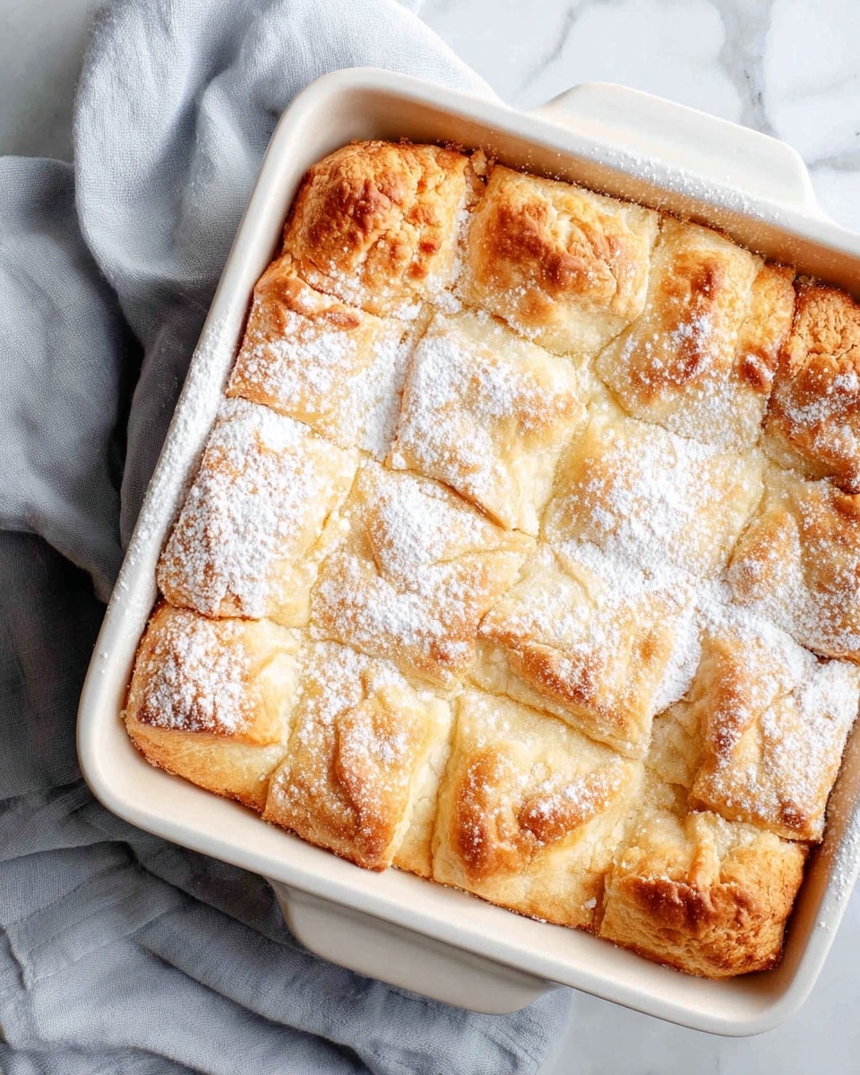 The image shows a close-up of a golden brown baked dessert with a flaky, cracked top layer sprinkled lightly with white powdered sugar. The dessert is cut into chunks and is placed in a white dish with a smooth, slightly curved handle visible on the side. The background surface is a white marbled texture, providing a clean and bright setting for the dish. photo taken with an iphone --ar 4:5 --v 7