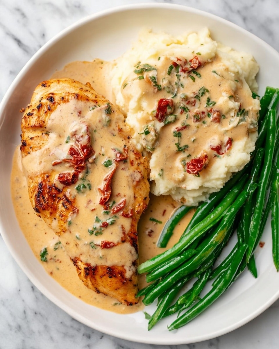 On a white plate, there is one golden-brown grilled chicken piece on the left side covered with a light beige creamy sauce that has visible small chunks of green herbs and red sun-dried tomatoes. To the right of the chicken, there is a serving of creamy mashed potatoes topped with the same beige sauce with herbs and tomato pieces. Below the mashed potatoes, on the bottom right of the plate, is a bunch of bright green cooked green beans also drizzled with the beige sauce. The plate sits on a white marbled surface. photo taken with an iphone --ar 4:5 --v 7