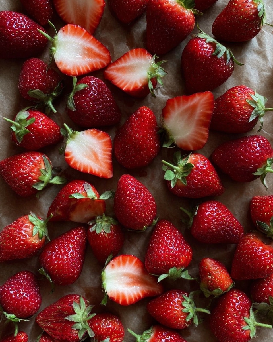This image shows many fresh strawberries scattered on a brown parchment paper, some whole with bright green leafy tops and others cut in half showing their juicy red and white inside. The strawberries are shiny, plump, and spread closely together. The background is a white marbled texture. photo taken with an iphone --ar 4:5 --v 7