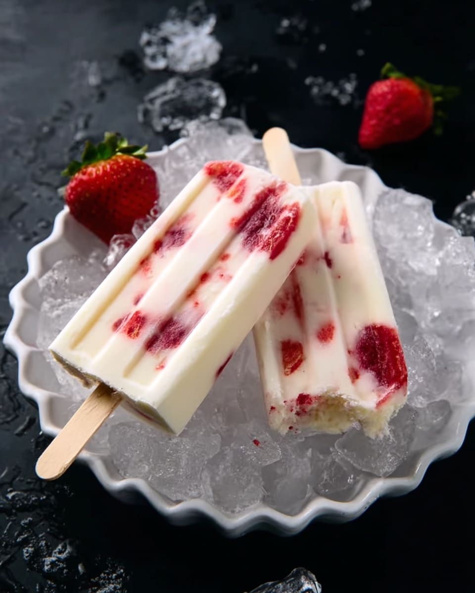 Two creamy white popsicles with visible swirls and chunks of red strawberry are placed on a white fluted dish filled with crushed ice. One popsicle is whole, showing a solid red top portion fading into the white base with scattered red spots. The other popsicle has a bite taken out, revealing the inside with similar red strawberry areas. Around the dish, there are pieces of crushed ice and one whole fresh strawberry with green leaves on a black background. Photo taken with an iphone --ar 4:5 --v 7