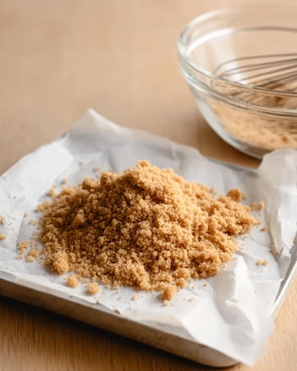 A small pile of light brown crumbly sugar sits on a white tray lined with white parchment paper. The sugar has a coarse, grainy texture with some small clumps. In the background, a clear glass bowl with a metal whisk and a little sugar inside is visible, sitting on a light wooden surface. The scene is simple with soft natural light. Photo taken with an iphone --ar 4:5 --v 7