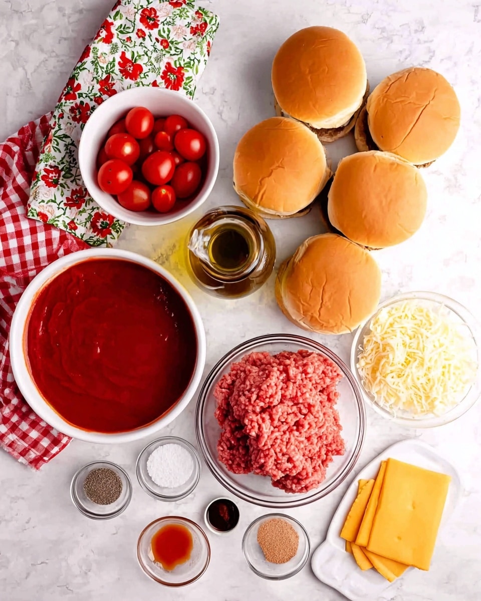 The image shows ingredients needed to make burgers arranged neatly on a white marbled surface. There are five soft sandwich buns with a light brown top positioned in the center and top right. A clear glass bowl on the bottom right holds fresh ground meat with a textured red and pink look. To the right side near the meat, there are layers of yellow-orange cheese slices stacked. A small white bowl filled with bright red cherry tomatoes sits above the cheese. In the center, there is a clear glass bottle of olive oil. A large white bowl filled with smooth red tomato sauce is on the top left, near a red and white checkered cloth with a green floral pattern. Smaller glass bowls are scattered around the setup containing different seasonings like garlic powder, chili powder, ketchup, soy sauce, and salt. The overall scene is visually organized and vibrant with fresh ingredients ready for making burgers photo taken with an iphone --ar 4:5 --v 7