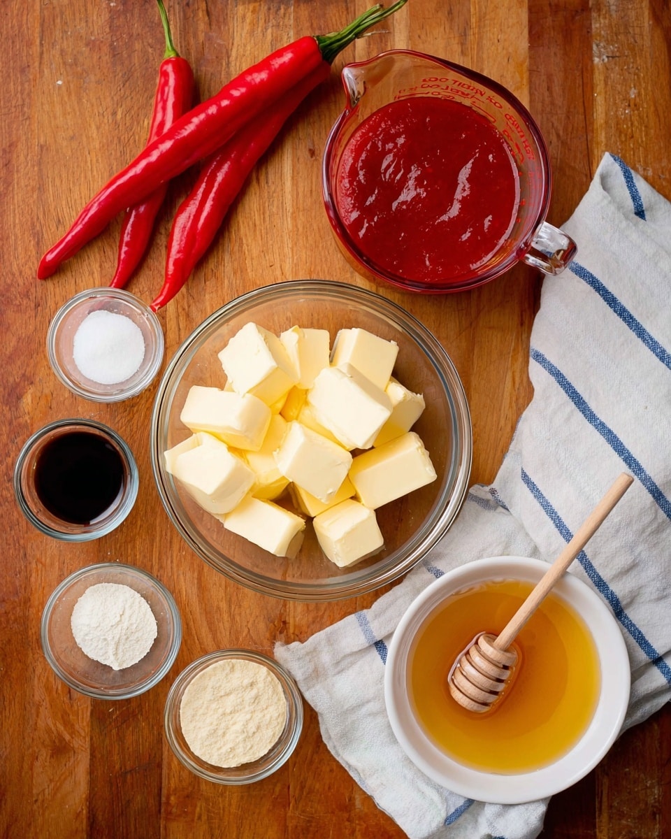 The image shows various ingredients arranged on a wooden surface, which should be imagined as white marbled texture. In the center, there is a clear glass bowl filled with pale yellow cubed butter. Above it, there is a clear glass measuring cup with thick red sauce. To the right, a small white bowl contains golden honey with a wooden honey dipper resting inside. Next to the bowl is a white cloth with blue stripes. There are two long bright red chili peppers placed diagonally on the surface, one to the left of the butter and one to the right near the cloth. Around the butter bowl, several small clear glass bowls contain different white and beige powders or liquids, including one dark liquid in the bottom left bowl. photo taken with an iphone --ar 4:5 --v 7