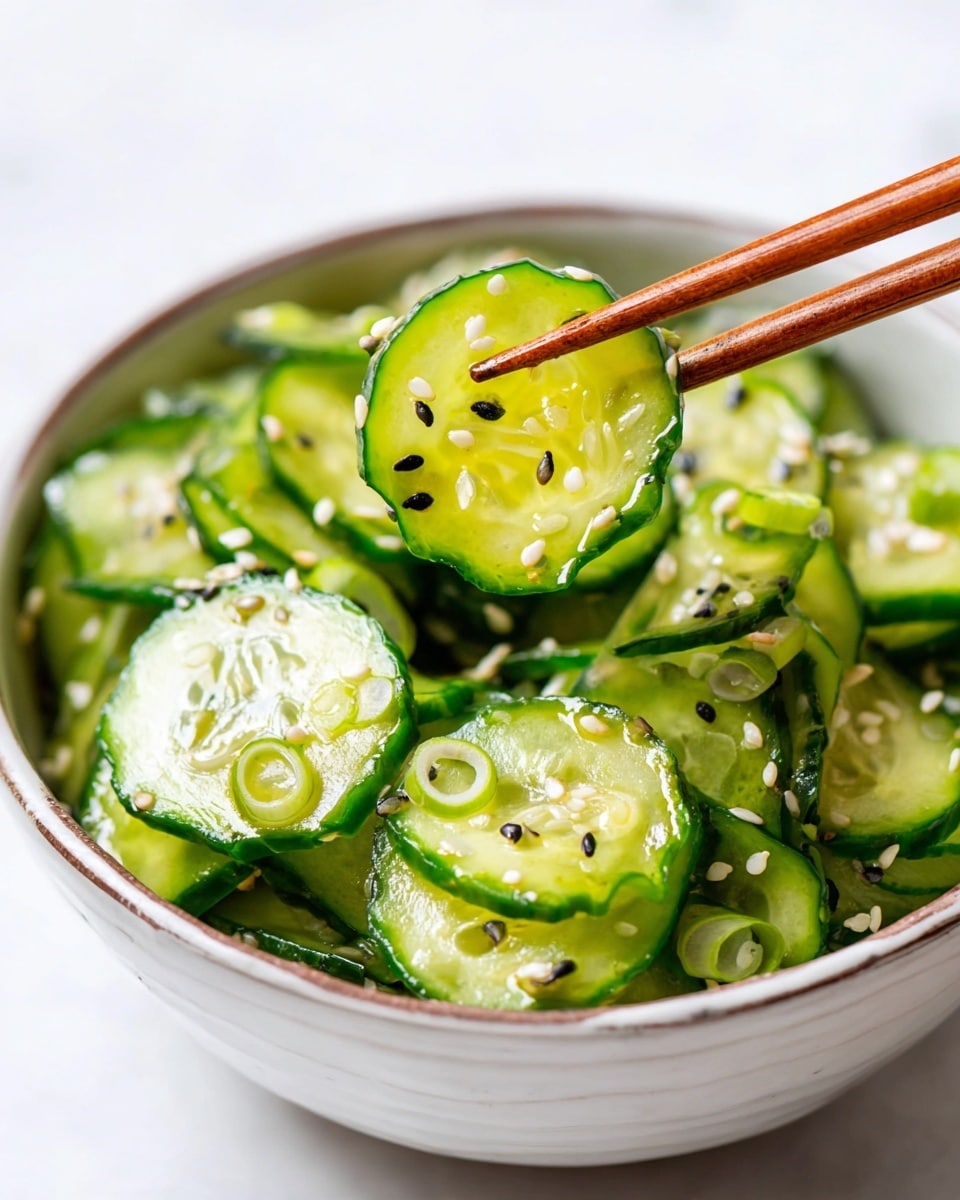 The image shows a white bowl filled with many thin slices of green cucumbers that have ruffled edges, mixed with small rings of light green onions. The cucumbers are shiny and fresh, with some sprinkled white and black sesame seeds on top. A pair of brown wooden chopsticks is holding one slice of cucumber above the bowl. The bowl is placed on a white marbled surface. photo taken with an iphone --ar 4:5 --v 7