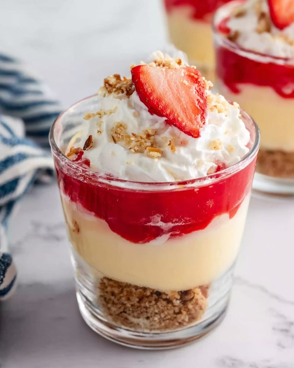 The dessert is in a clear glass with four visible layers. The bottom layer is crumbly and brown, looking like crushed cookies or nuts. Above that is a thick, smooth pale yellow layer that is creamy. On top of this creamy layer is a bright red jelly or fruit layer with a glossy texture. The top layer is white whipped cream, fluffy and soft, with small pieces of nuts and a slice of strawberry placed slightly on the edge. The glass is placed on a white marbled surface with part of a second similar dessert visible in the background, along with a blue and white striped cloth. Photo taken with an iphone --ar 4:5 --v 7