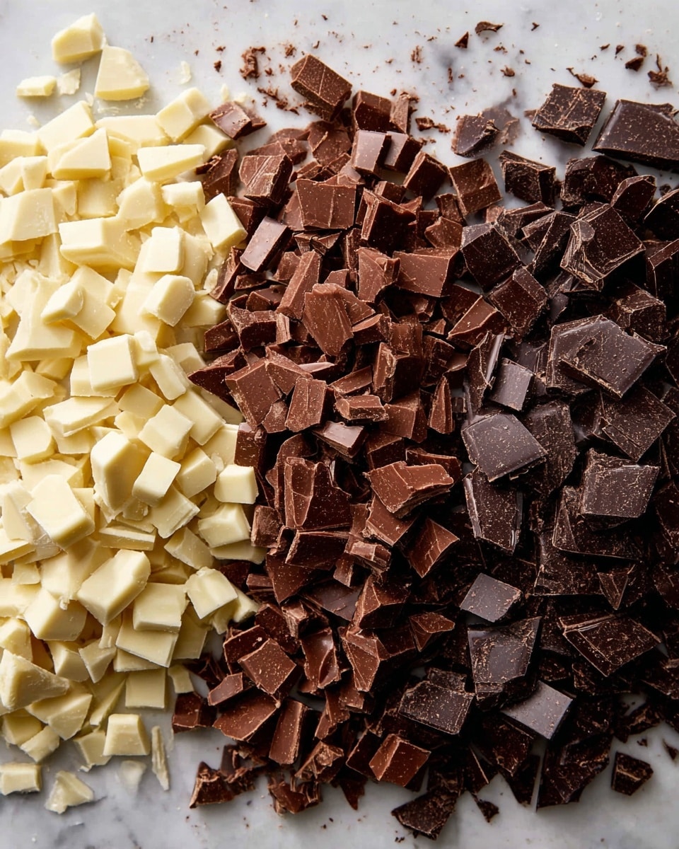 The image shows three groups of chopped chocolate pieces arranged side by side on a white marbled surface. On the left, there is a pile of small white chocolate chunks with a smooth texture and pale creamy color. In the middle, medium-sized pieces of milk chocolate with a rich brown shade and slight shine create a dense cluster. On the right, larger dark chocolate chunks with a deep nearly black color and a matte finish complete the three layers, showing a gradient of chocolate types from light to dark. Photo taken with an iphone --ar 4:5 --v 7
