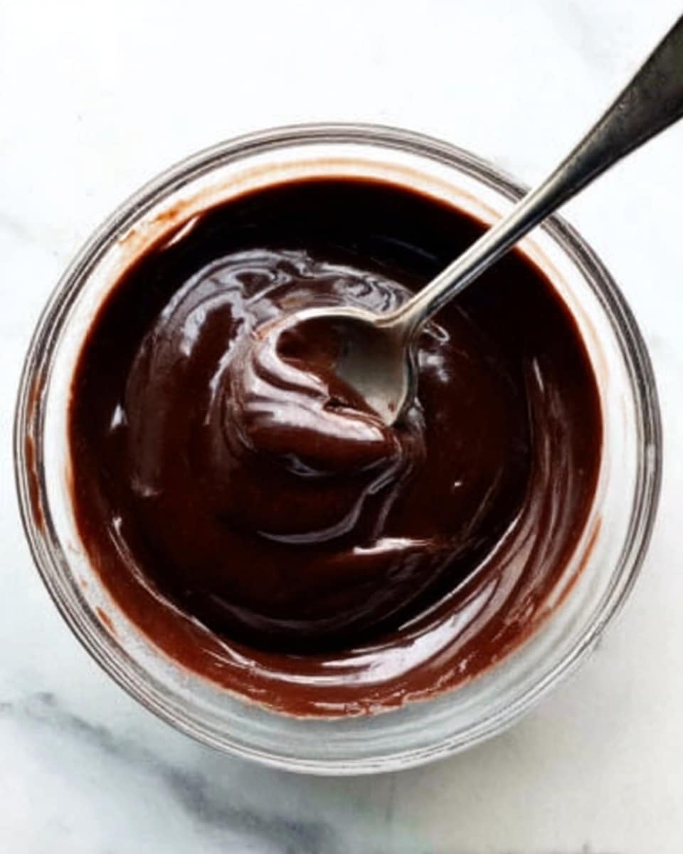 A clear glass bowl filled with thick, smooth dark chocolate sauce that has a shiny surface. A metal spoon is partially dipped into the sauce, resting inside the bowl, with slight swirls visible in the chocolate. The bowl is placed on a white marbled surface. photo taken with an iphone --ar 4:5 --v 7
