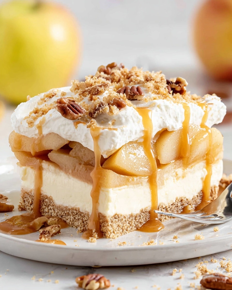 The image shows a slice of a layered dessert on a white plate with a white marbled texture surface. The bottom layer is a crumbly light brown crust. Above it is a thick, smooth cream-colored layer. The next layer consists of soft, cooked apple slices covered in a light caramel-colored sauce. On top of the apples is a fluffy white whipped cream layer. The dessert is drizzled with a rich caramel sauce and sprinkled with whole brown pecans. Some crumbs and sauce are scattered around the plate, and a silver fork lies nearby. In the blurred background, yellow apples can be seen. Photo taken with an iphone --ar 4:5 --v 7