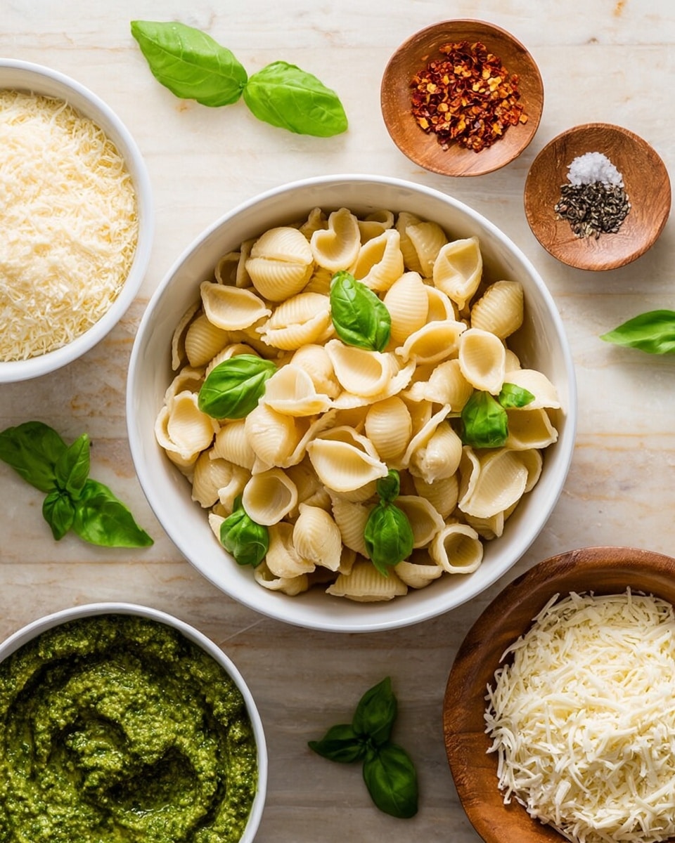 A white bowl filled with small, smooth, round pasta shells that are light beige in color, topped with bright green fresh basil leaves. Surrounding the main bowl are smaller white bowls holding a chunky green pesto sauce on the left, finely grated pale yellow cheese on the bottom right, and a white creamy cheese on the top right. There are also two small wooden bowls with red chili flakes and black pepper with salt to the top left. The setup is on a white marbled surface with a few extra basil leaves placed around for decoration. photo taken with an iphone --ar 4:5 --v 7