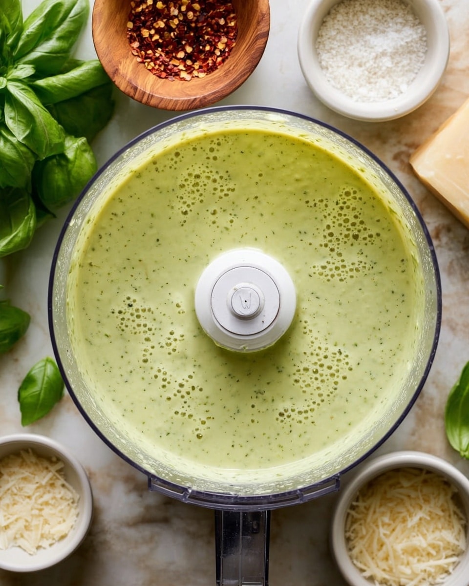 A close-up top view of a food processor bowl filled with a smooth, light green sauce with small air bubbles on the surface, the white blade attachment in the center visible inside the transparent bowl. Around the bowl, on a white marbled surface, there are fresh green basil leaves on the left, two small white bowls with coarse salt and grated cheese on the right, and a woman's hand holding a small wooden bowl filled with red pepper flakes in the upper left corner. photo taken with an iphone --ar 4:5 --v 7