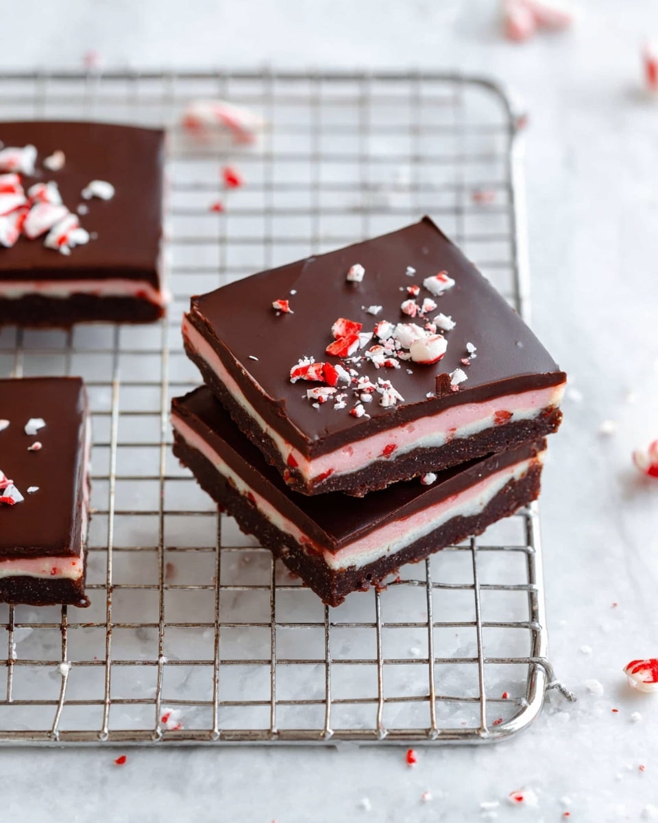 The image shows three square layered chocolate peppermint bars placed on a metal cooling rack. Each bar has three distinct layers: a dark brown chocolate base, a thin pink peppermint middle layer, and a smooth shiny dark chocolate top layer. Small pieces of crushed red and white peppermint candy are scattered on top of the chocolate layer. The background is a white marbled texture with some peppermint pieces scattered around the rack. Photo taken with an iphone --ar 4:5 --v 7