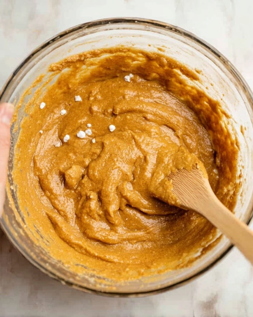 The image shows a clear glass bowl filled with a thick, orange-brown batter that has a slightly rough texture. Small white specks are visible within the mixture, which looks creamy and soft. A wooden spatula with a smooth surface is partially dipped into the batter on the right side of the bowl. The bowl is placed on a white marbled surface, and a woman's hand is lightly holding the edge of the bowl on the left side. Photo taken with an iphone --ar 4:5 --v 7