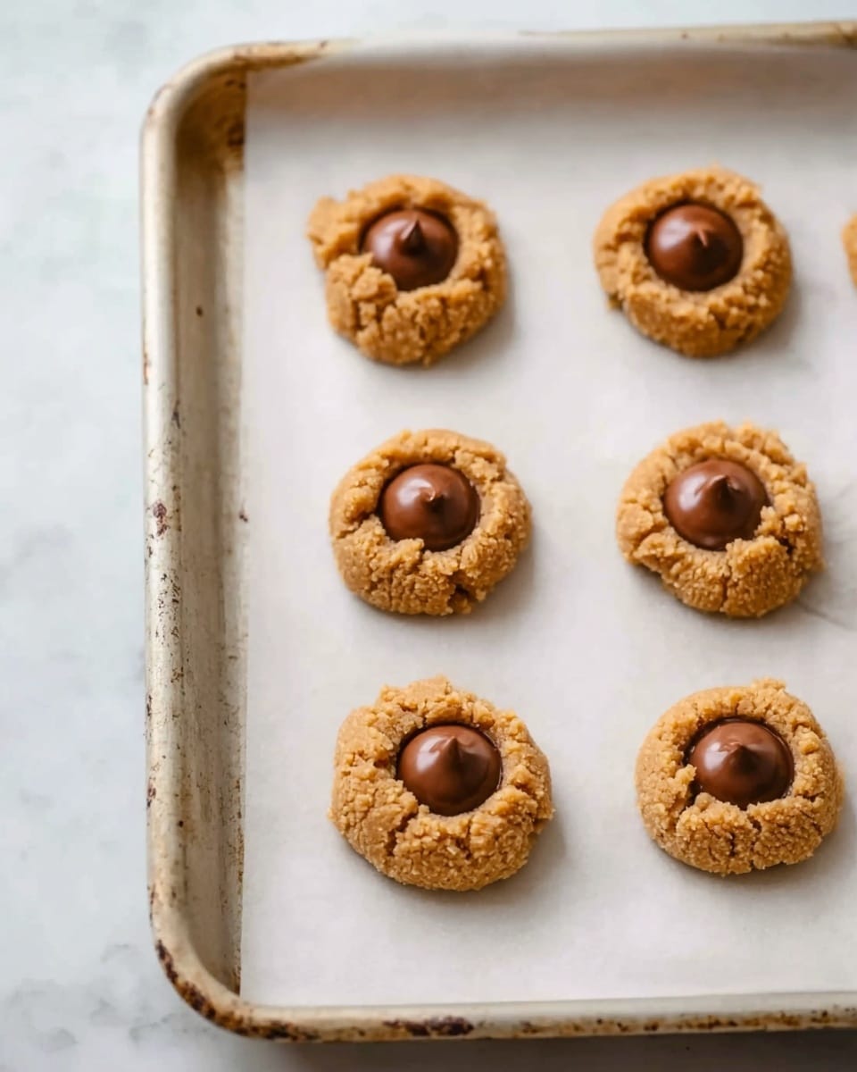 The image shows a white baking tray with six small round cookie dough balls evenly spaced on white parchment paper. Each dough ball is light brown with a rough texture, and in the center of each cookie is a smooth, slightly melted brown chocolate piece pressed gently in. The edges of the baking tray are worn with a bit of discoloration, and the background surface has a white marbled texture. Photo taken with an iphone --ar 4:5 --v 7