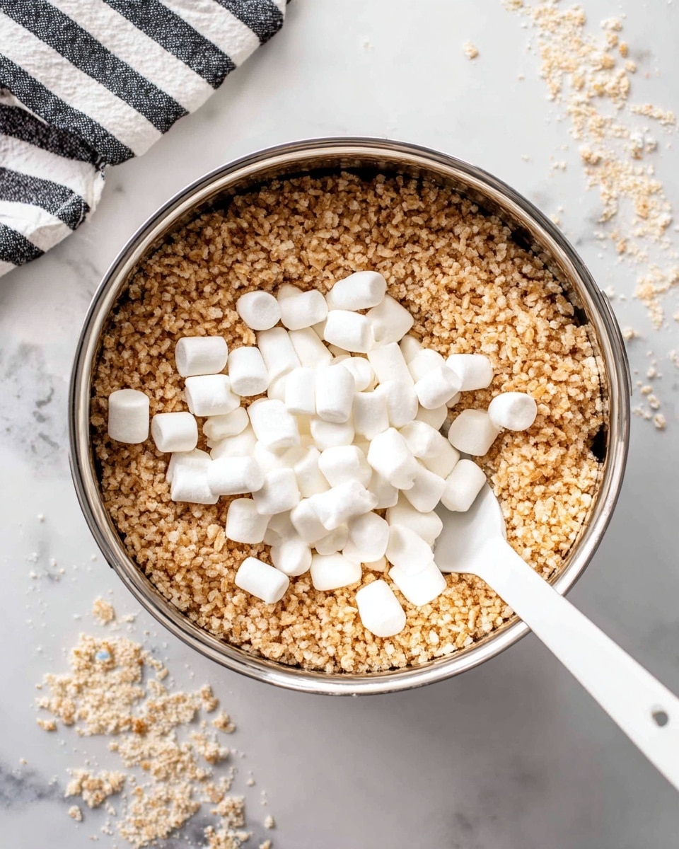 A silver pot sits on a white marbled surface, filled with a base layer of light brown crispy rice cereal that shows a bumpy texture. On top of the cereal, there is a scattering of small, white, soft marshmallows with a pillowy texture. A white spatula rests inside the pot, partially buried in the marshmallows and cereal, its handle extending out to the upper right corner. In the background, a striped black and white cloth is partially visible on the white marbled surface. Some cereal crumbs are scattered near the pot. photo taken with an iphone --ar 4:5 --v 7