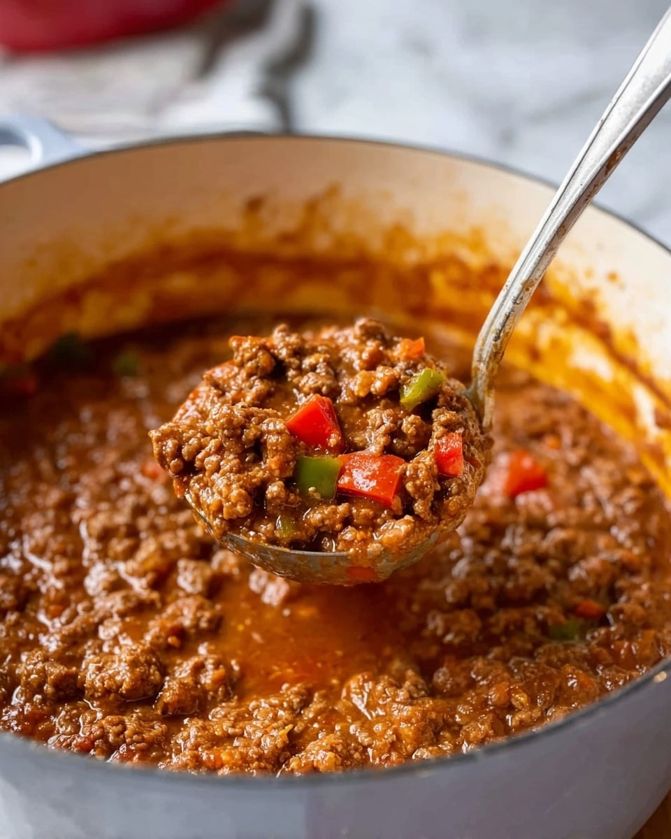 A white bowl filled with three visible layers: the bottom layer is thick chili with a rich brown color mixed with chunks of ground meat and small pieces of red bell pepper; the middle layer is shredded yellow and white cheese sprinkled evenly over the chili; the top layer is a dollop of white sour cream placed in the center, surrounded by chopped bright green onions scattered on top and around. The bowl is set on a light beige cloth with a spoon resting beside it on the right. In the background, a red pot filled with the same chili, a halved green avocado, and whole green peppers are placed on a white marbled surface. photo taken with an iphone --ar 4:5 --v 7