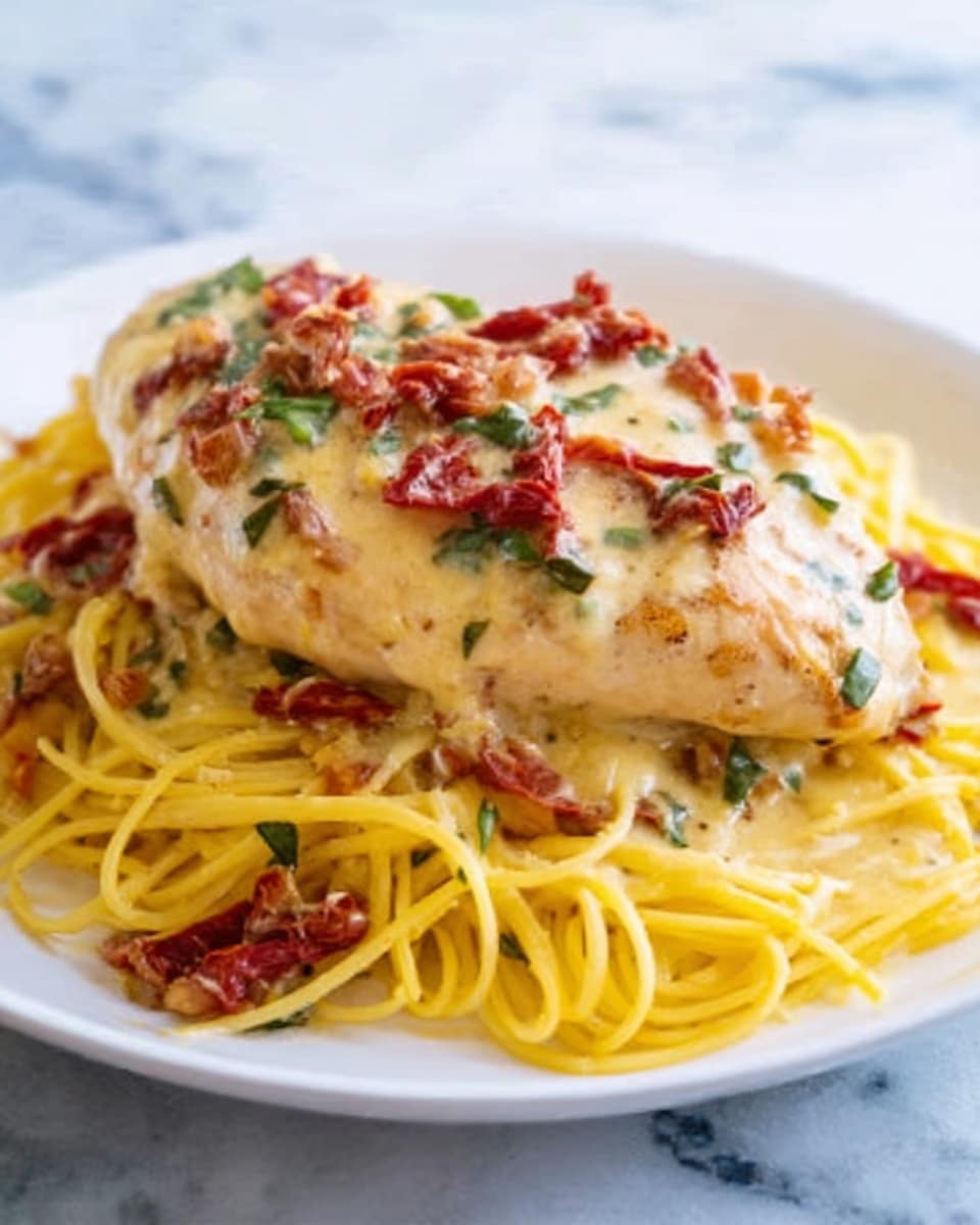 The image shows a white plate with a layer of plain yellow pasta on the bottom. On top of the pasta is a creamy sauce with visible pieces of red sun-dried tomatoes and green herbs scattered throughout. Sitting above the sauce is a cooked piece of chicken that is light golden brown with small bits of herbs and sauce on its surface. The plate is placed on a white marbled surface. photo taken with an iphone --ar 4:5 --v 7