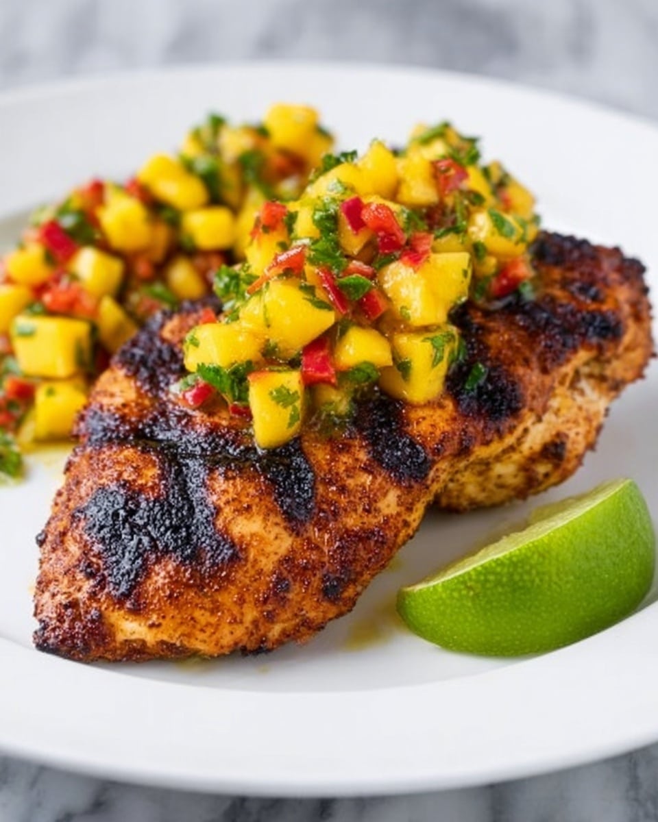 The image shows a grilled chicken piece with dark grill marks on the top layer, giving it a textured look with a dark brown and orange color. On top of the chicken, there is a bright, colorful layer of mango salsa made of small, diced yellow mango pieces mixed with red peppers and green herbs, adding a fresh and lively contrast. Next to the chicken on the white plate, there is a wedge of bright green lime. The plate sits on a white marbled surface. Photo taken with an iphone --ar 4:5 --v 7
