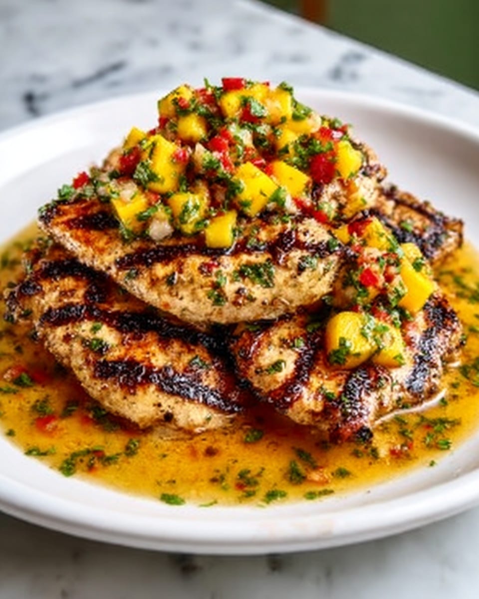 The image shows four pieces of grilled chicken with dark grill marks on them, stacked closely on a white plate. On top of the chicken, there is a colorful mango salsa made of small, yellow mango cubes mixed with tiny bits of red bell pepper and green herbs. The chicken sits in a pool of light orange sauce with chopped green herbs sprinkled around it. The background is a white marbled surface with some green visible in the back, and a woman's hand is visible on the right side, gently resting near the plate. Photo taken with an iphone --ar 4:5 --v 7