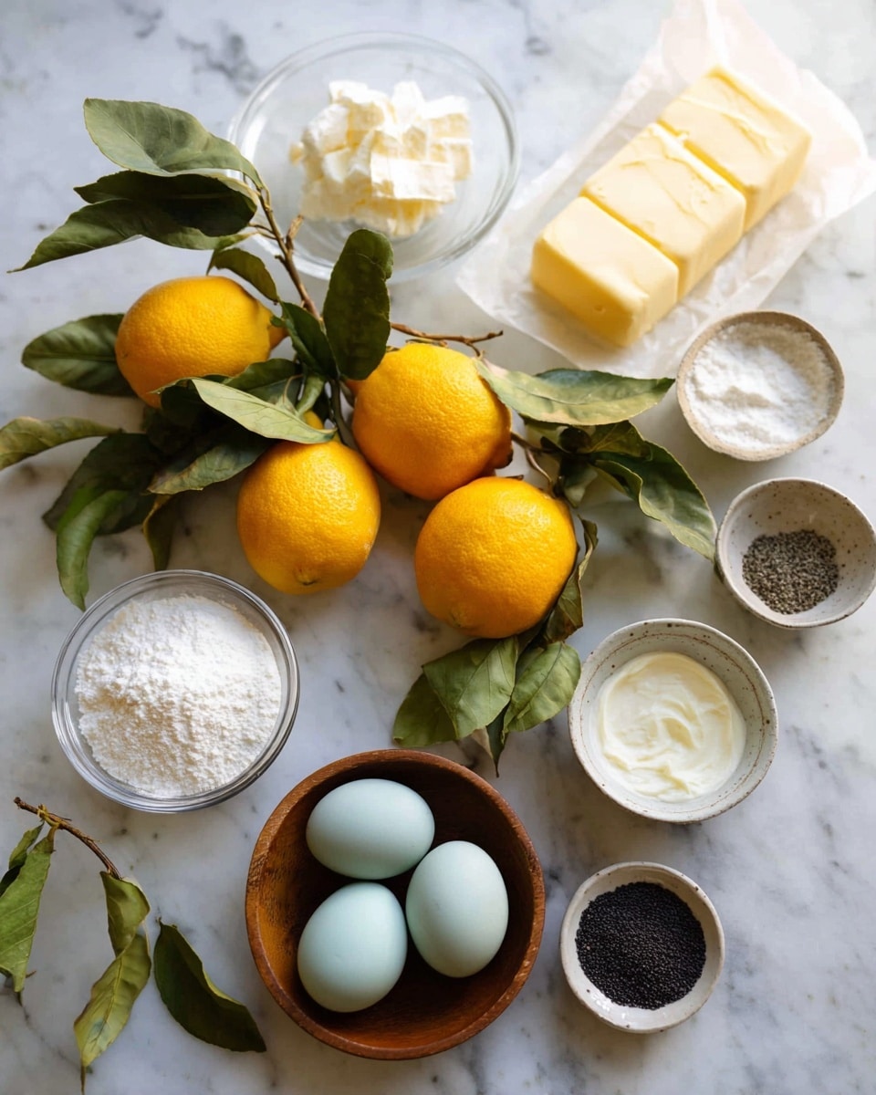 The image shows a flat layout of ingredients on a white marbled surface. At the bottom center, there is a small wooden bowl holding three pale blue eggs. To the left, a clear bowl filled with white granulated sugar is partly visible. Several bright yellow lemons with glossy green leaves and brown stems spread across the middle area. Two sticks of pale yellow butter wrapped in white paper are placed near the top right. Surrounding the butter are small bowls holding various ingredients: a bowl with white cream, one with white flour, a small bowl with coarse salt, and a smaller bowl filled with black seeds or spices. The overall setup feels natural and fresh with soft light. Photo taken with an iphone --ar 4:5 --v 7