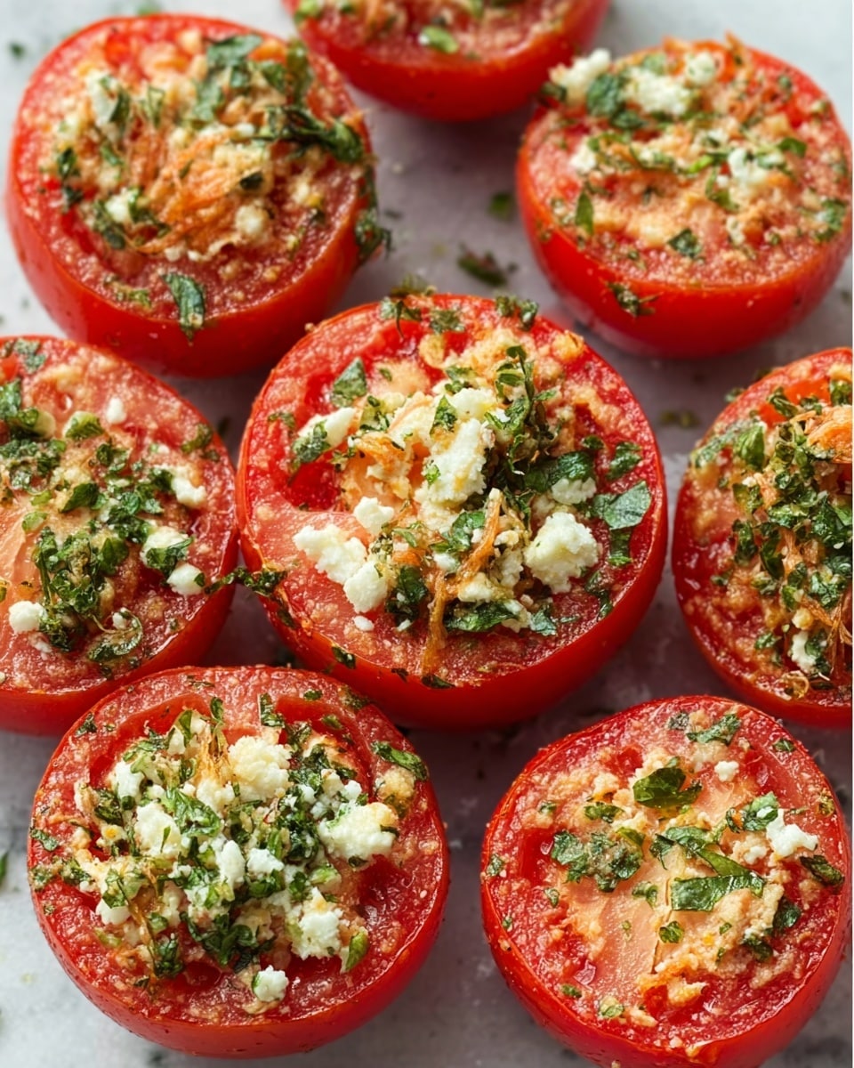 The image shows several halved tomatoes filled with a mix of finely chopped green herbs, white crumbly cheese, and small bits of a light orange ingredient, all packed tightly inside each tomato half. The tomatoes are bright red with smooth skin, and the filling looks soft and slightly crumbly with varied textures. The tomatoes are arranged closely together on a white marbled surface. photo taken with an iphone --ar 4:5 --v 7