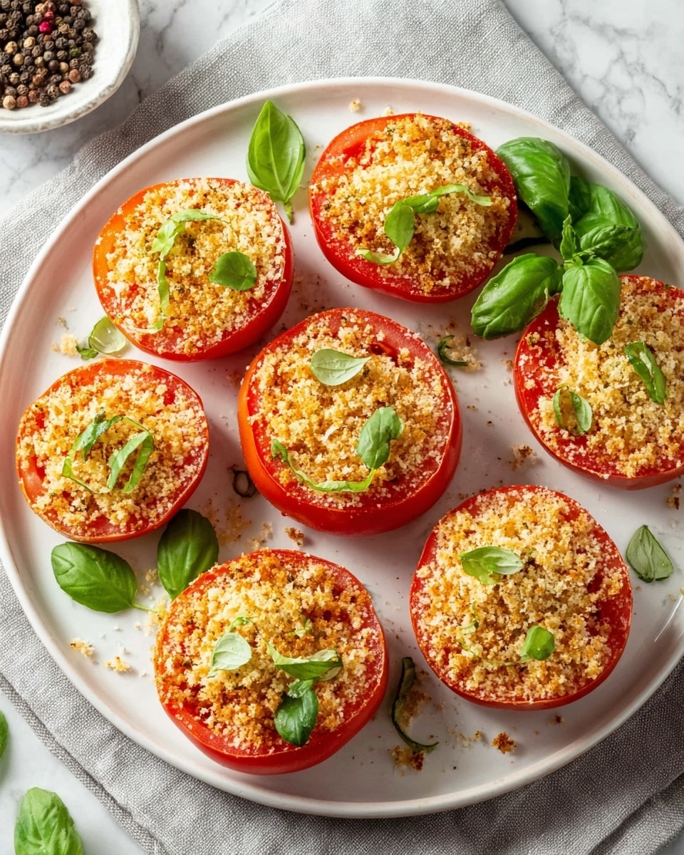 Six round tomato halves are neatly arranged on a white plate, each topped with a thick, crumbly layer of golden-brown breadcrumbs mixed with finely grated cheese. A few small, bright green basil leaves and thin basil strips are gently scattered over the breadcrumb topping on each tomato piece, adding fresh color contrast. The tomatoes have a glossy red skin and are placed turn-side-up, showing the textured topping clearly. The plate is on a soft gray cloth with a white marbled surface underneath, and small peppercorns in a white bowl are visible in the background. photo taken with an iphone --ar 4:5 --v 7