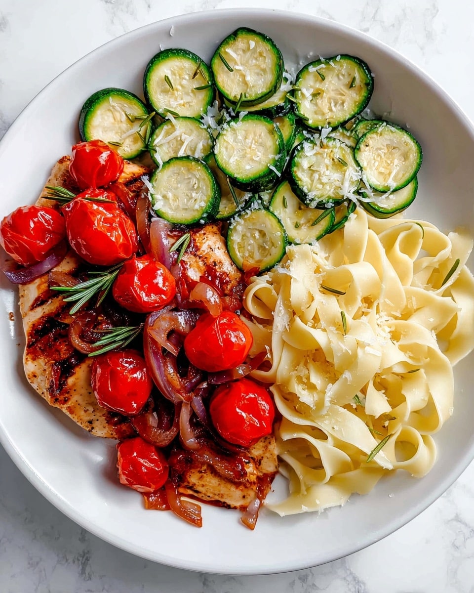 The dish is served on a white plate resting on a white marbled surface. On the plate, there are three main parts: to the right, light beige ribbon pasta with a smooth, slightly curled texture; on the top left, round green zucchini slices with a soft, lightly cooked look and small shreds of white cheese sprinkled on top; on the bottom left, a piece of cooked chicken covered with glossy red cherry tomatoes, thin strips of sautéed red onions, and small green rosemary sprigs scattered on the chicken and tomatoes. The colors are bright with green, red, beige, and brown tones, showing a fresh and appetizing meal photo taken with an iphone --ar 4:5 --v 7