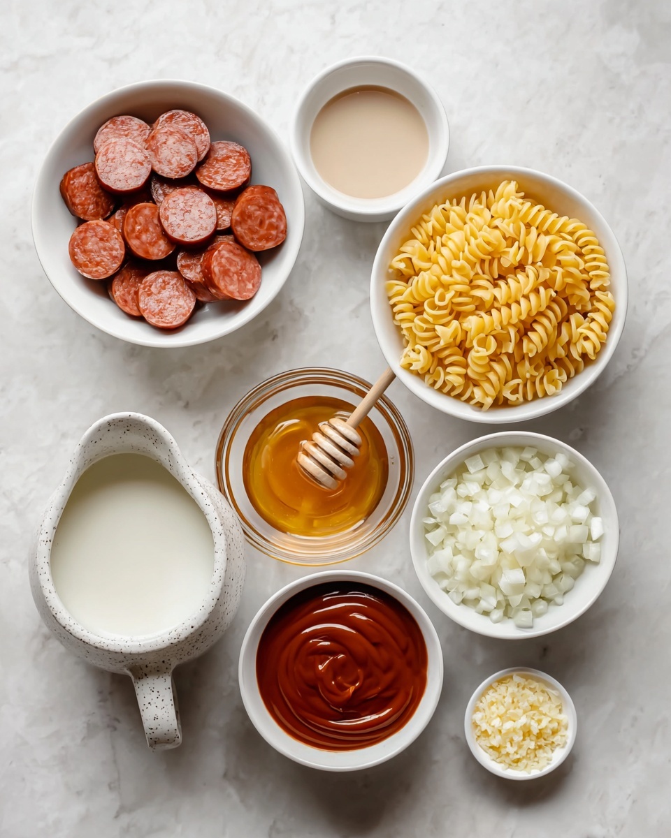 This image shows eight white bowls and small containers arranged neatly on a white marbled surface. At the top left, there is a bowl filled with thick round slices of sausage, rich reddish-brown in color. To the right, a bowl contains yellow spiral pasta. Below the sausage, a small white bowl holds a pale brown liquid, and next to it in the center is a bowl filled with small white chopped onions. To the right of the onions is a clear glass bowl of golden honey with a wooden honey dipper resting inside. Below the honey, a speckled white pitcher contains creamy white milk. At the bottom left, a bowl holds a thick reddish-brown sauce, swirled smoothly. To its right, a small dish contains finely chopped light yellow garlic. The arrangement is clean, with each ingredient clearly visible. Photo taken with an iphone --ar 4:5 --v 7