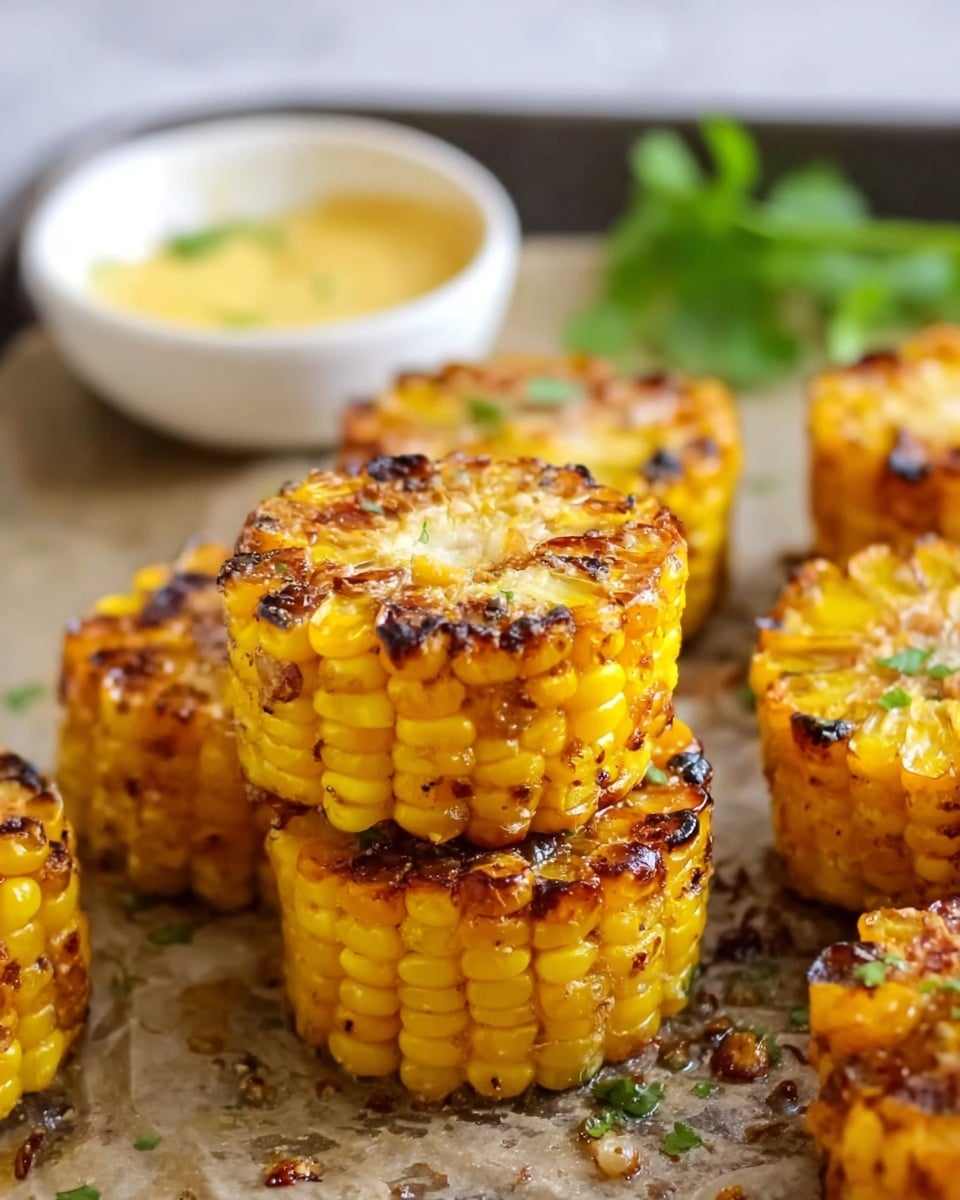 The image shows several thick slices of grilled corn stacked and placed on a baking tray with a slightly browned, crispy look on the surface. Each corn slice has a bright yellow color with some golden brown spots from the grilling, and the kernels are plump and shiny. In the background, a white bowl with a creamy yellow sauce and some green herbs beside it are visible, all set on a white marbled surface. The scene has a warm and inviting feel, with the corn slices closely arranged and the herbs adding a touch of freshness. Photo taken with an iphone --ar 4:5 --v 7