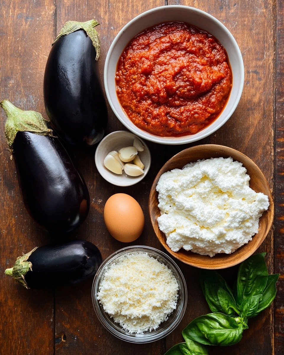Two long shiny dark purple eggplants lay on the left side on a wooden surface. On the right, starting from the top, there is a white bowl filled with thick bright red tomato sauce with a slightly chunky texture. Below it and a bit to the left, a small white bowl holds two garlic cloves. Next to it is a brown egg. Below the garlic, a small wooden bowl shows fluffy white ricotta cheese. At the bottom, a small clear bowl contains finely grated white cheese. Next to it on the right, a white bowl is filled with crumbly white cheese. Fresh green basil leaves rest near the egg. Photo taken with an iphone --ar 4:5 --v 7