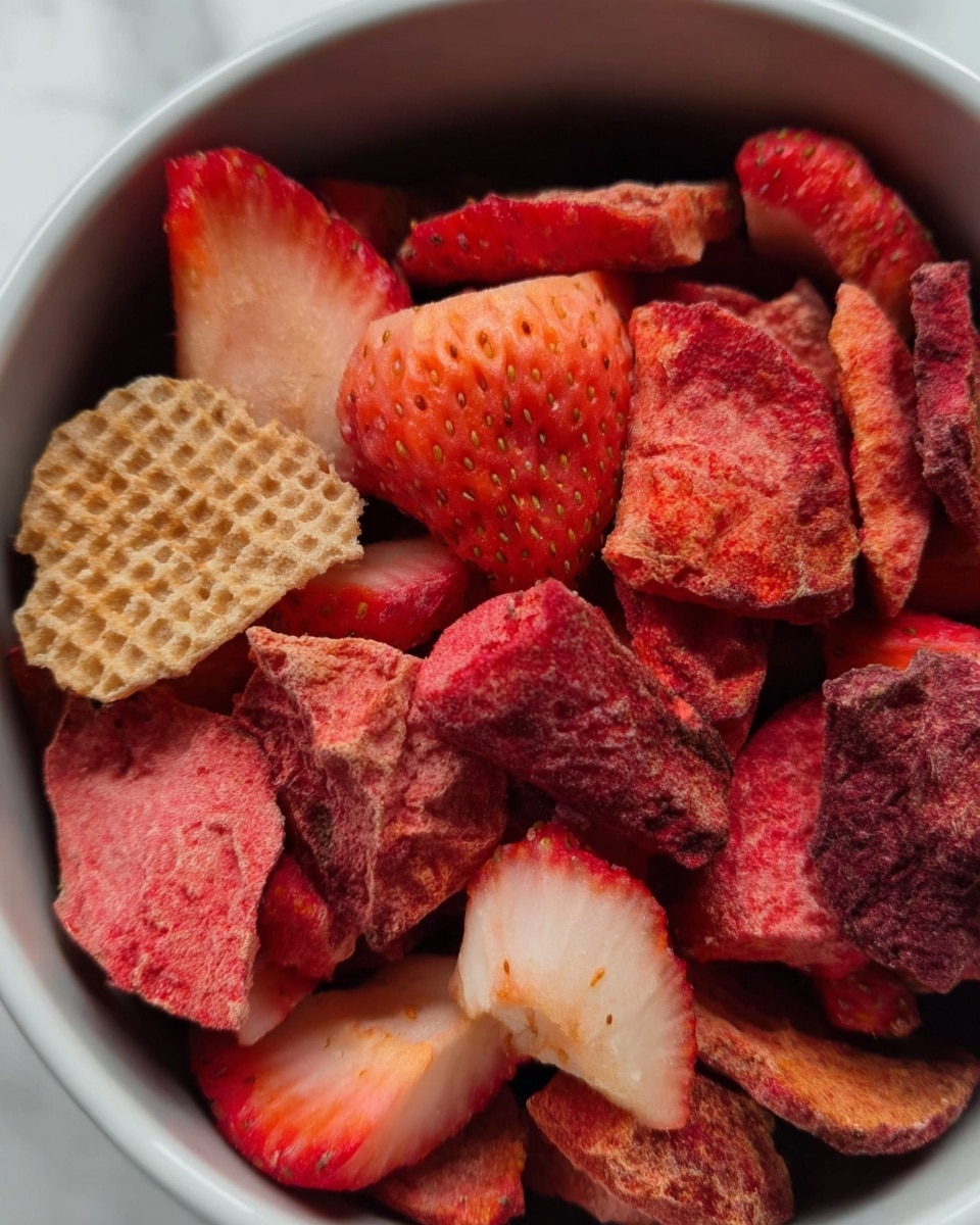 A close-up view of a bowl filled with mixed dried fruits, mainly red and pink slices of strawberries layered with pieces showing a rough, textured surface. There are some lighter colored slices with small seeds and one piece having a beige tone with a waffle-like pattern on its surface. The bowl is white, placed on a white marbled texture background. Photo taken with an iphone --ar 4:5 --v 7