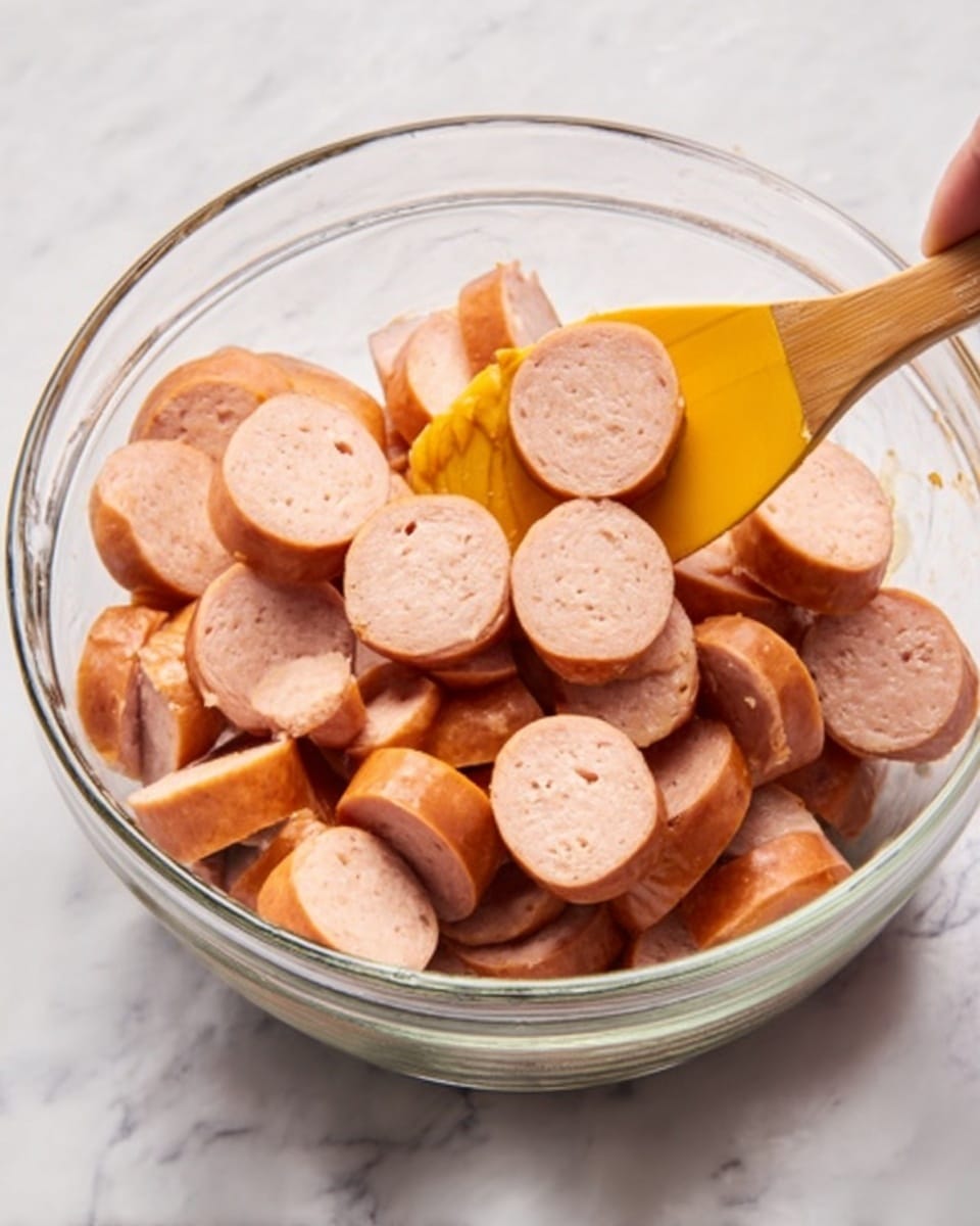 The image shows a clear glass bowl filled with thick, round slices of cooked sausage. The sausages are light brown on the edges and a pinkish tan inside, stacked loosely in the bowl with some pieces leaning against each other. A woman's hand is using a yellow wooden spoon to scoop some slices from the bowl. The bowl is placed on a white marbled surface. photo taken with an iphone --ar 4:5 --v 7