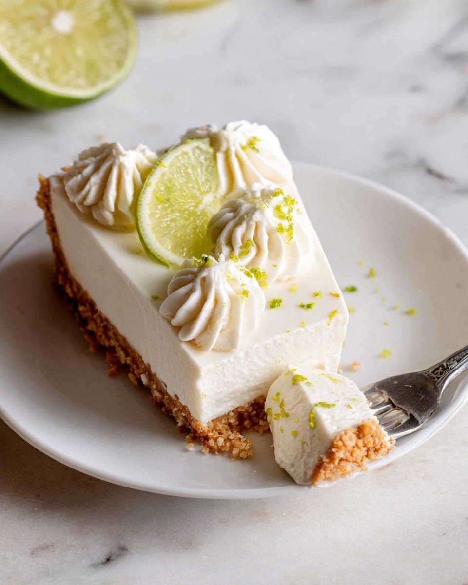 A slice of pie with three layers sits on a white plate over a white marbled surface. The bottom layer is a crumbly, golden-brown crust. The middle layer is thick and creamy white, and the top layer is a smooth, pale white cream with small green lime zest sprinkled on top. Two white cream swirls decorate the top, with a small lime wedge placed between them. A silver fork with a piece of pie on it rests on the plate's edge. Photo taken with an iphone --ar 4:5 --v 7