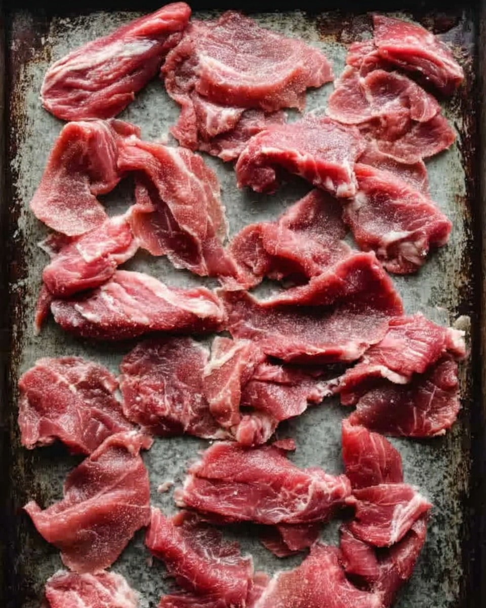 The image shows thin, raw slices of red meat spread across a dark baking sheet. The meat pieces have different shapes and sizes, with some parts showing visible fat marbling in white. The baking sheet has a slightly worn look with darkened edges and some lighter areas where the metal shows through. The background is a white marbled texture. photo taken with an iphone --ar 4:5 --v 7