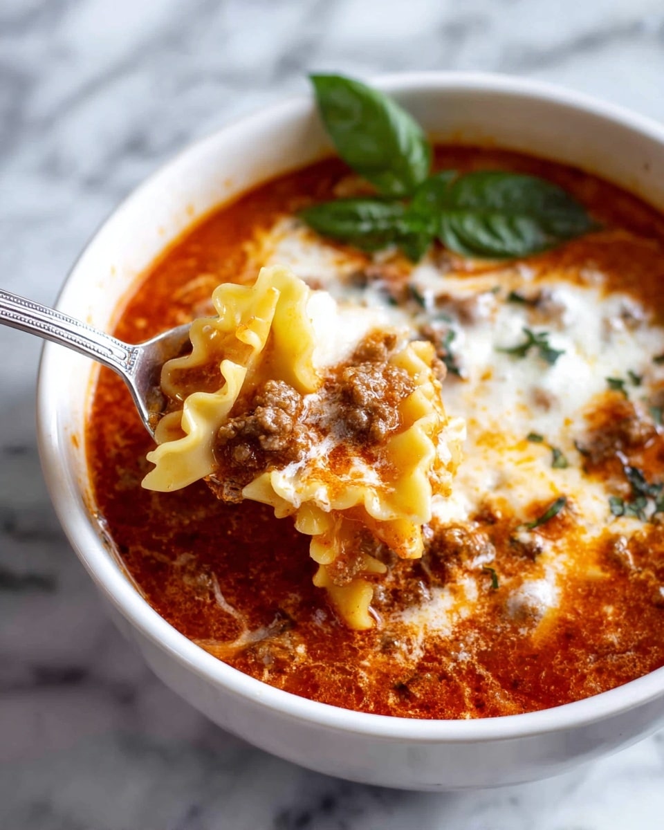 A white bowl filled with thick lasagna soup showing several layers: a rich red tomato broth forms the base layer with visible bits of browned ground meat and herbs. On top, there are soft, wavy pasta strips partly covered with melted, creamy white cheese that blends smoothly into the soup. A silver spoon lifts a scoop with a pasta strip, some meat, and cheese, revealing the texture of the ingredients. In the background, a green basil leaf adds a fresh touch. The bowl sits on a white marbled surface. photo taken with an iphone --ar 4:5 --v 7