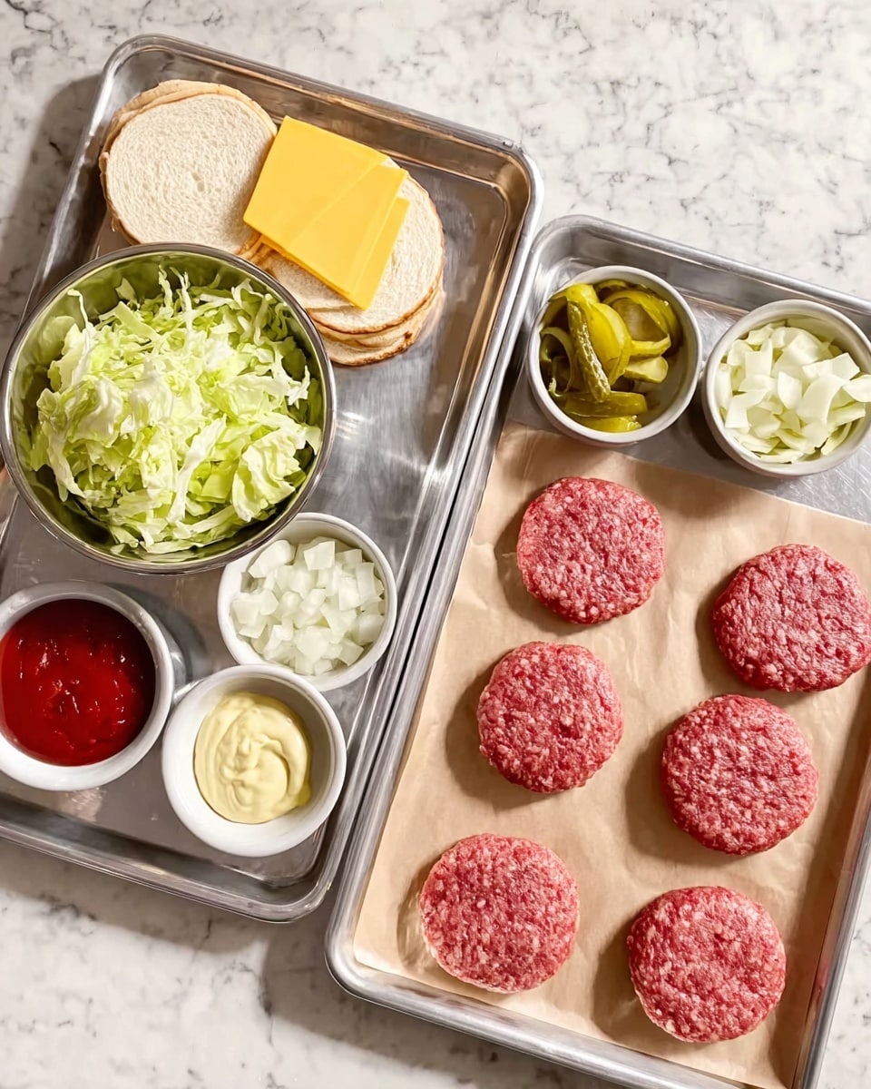 The image shows two metal trays on a white marbled surface. The left tray holds a large metal bowl filled with shredded light green lettuce, a stack of light beige burger buns, three slices of bright yellow cheese, and five small white bowls containing white chopped onions, green pickle slices, pale yellow mustard, creamy white mayonnaise, and red ketchup. The right tray holds four raw, round, pink ground meat patties arranged in a square shape on brown parchment paper. Photo taken with an iphone --ar 4:5 --v 7
