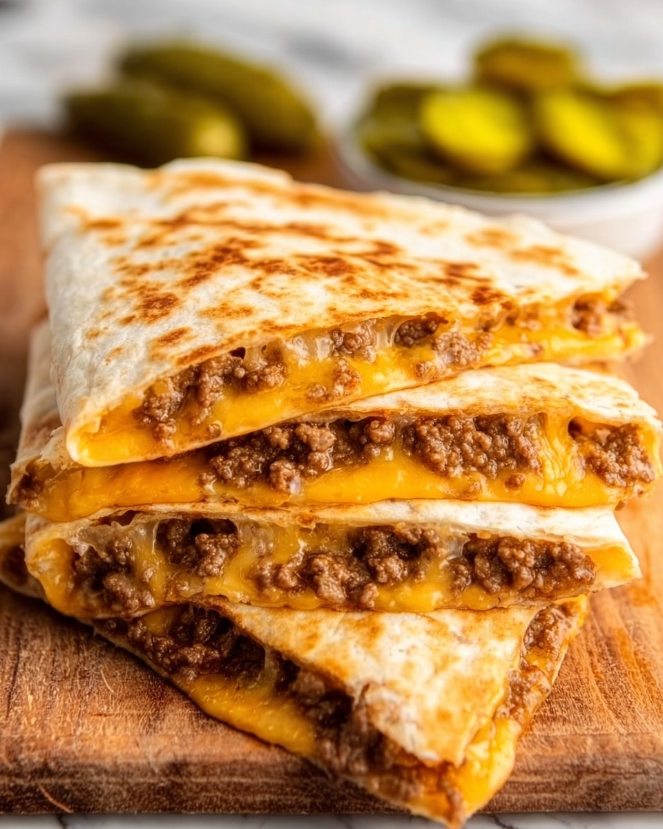 The image shows a close-up of a quesadilla cut into three stacked triangular pieces on a wooden board. Each quesadilla piece has two layers of soft, golden brown tortillas with a toasted texture and visible grill marks. Inside, there are layers of melted orange-yellow cheese with a smooth texture and cooked ground beef that looks juicy and crumbly with a rich brown color. In the background, there is a blurred white marbled surface and a glimpse of green pickles. The lighting highlights the melty cheese and the crisp edges of the tortillas. Photo taken with an iphone --ar 4:5 --v 7