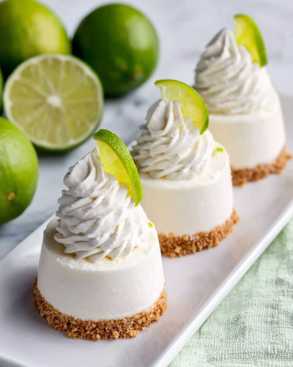 Three small dome-shaped desserts sit on a long white plate on a white marbled surface. Each dessert has three layers: a light brown crumbly base that looks crunchy, a thick smooth white creamy middle layer with visible fine lines, and a white whipped topping shaped like a soft swirl. Each swirl is crowned by a small bright green lime wedge tilted slightly. In the background, there are whole and halved green limes resting on a light green cloth. The color contrast between the white plate, creamy dessert, and lime adds freshness to the image. Photo taken with an iphone --ar 4:5 --v 7