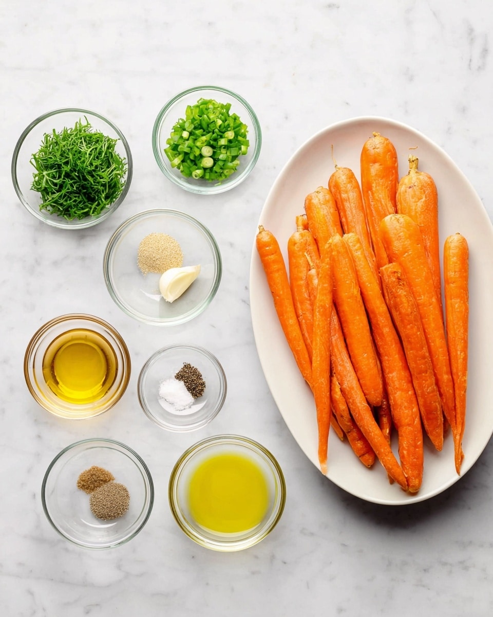 The image shows a white oval plate on the right side filled with a group of whole orange carrots with a slightly rough texture, arranged close together with tapered ends pointing toward the bottom. To the left are nine small clear glass bowls arranged in three rows and three columns on a white marbled surface. The bowls contain different ingredients: bright green chopped scallions, chopped green herbs, golden honey, light yellow oil, light brown mustard, white salt, black pepper, another clear oil, and one bowl with a bright yellow oil. The setup looks clean and organized, with bright natural light and soft shadows. Photo taken with an iphone --ar 4:5 --v 7