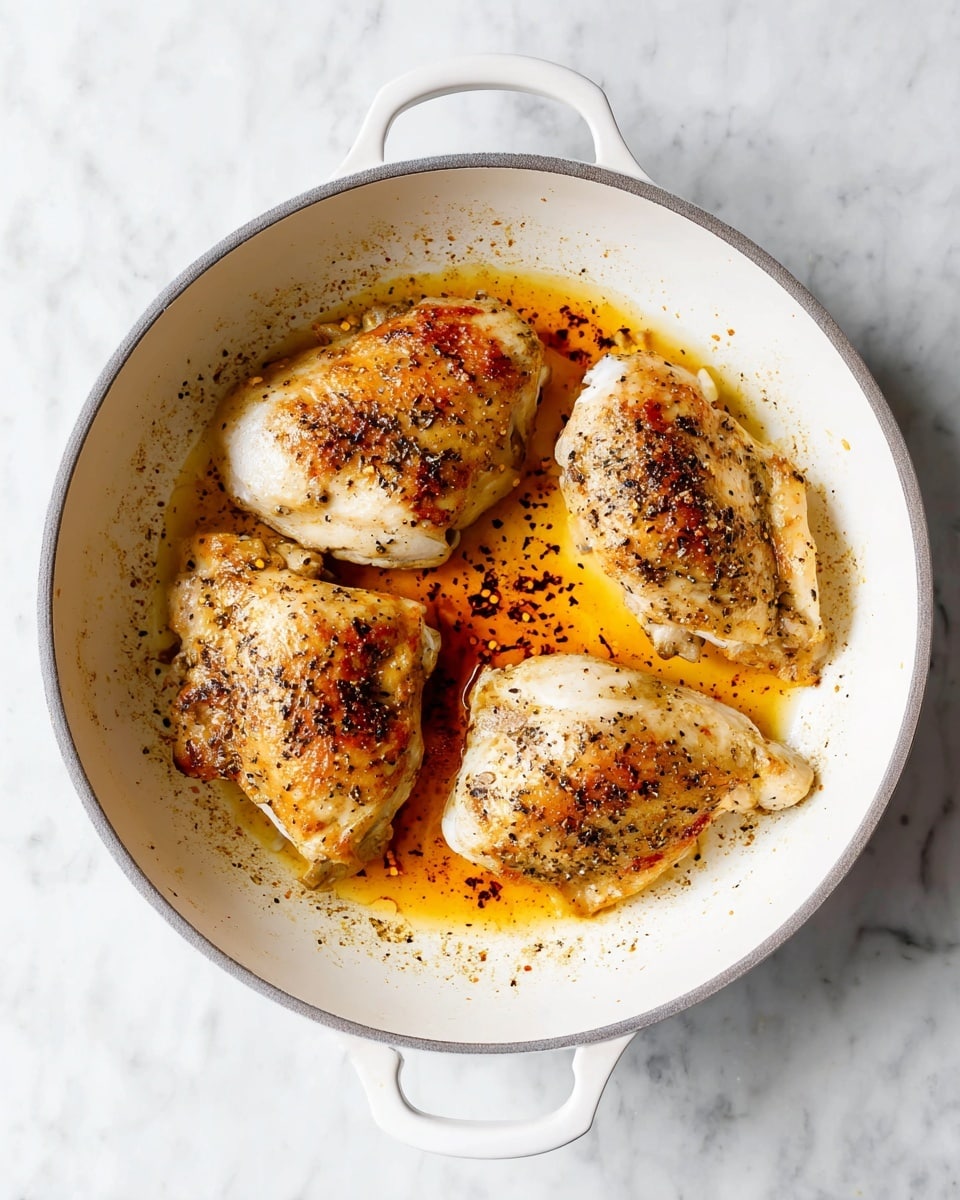 Four cooked chicken pieces are in a white pan with a small handle on each side. The chicken pieces are light brown with some darker brown spots where they are cooked more. There are small black spices spread on top and orange oil around the chicken at the bottom of the pan. The pan sits on a white marbled surface. photo taken with an iphone --ar 4:5 --v 7