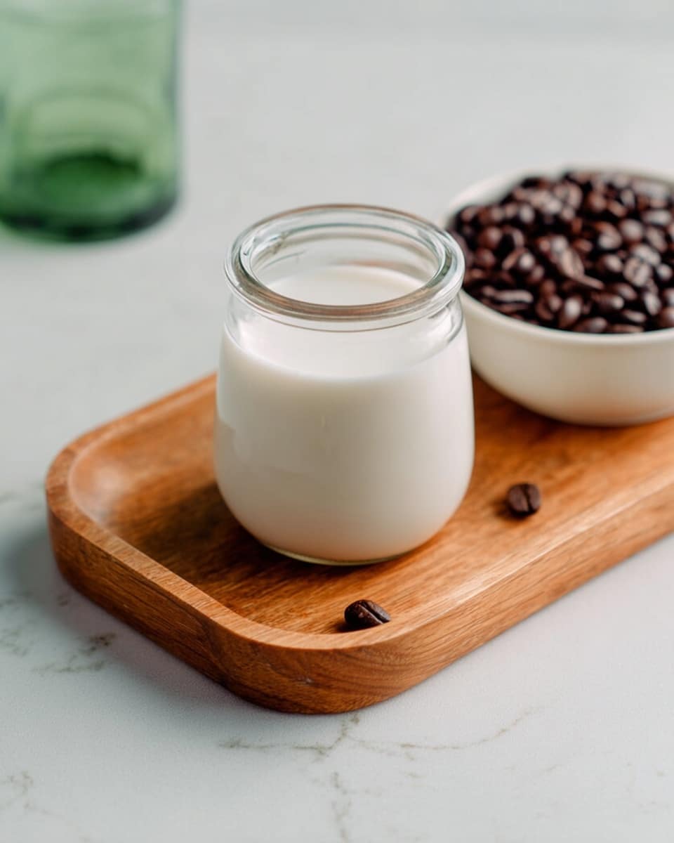 A small clear glass jar filled with smooth white milk sits on a light brown wooden tray with rounded edges. The jar has a slight spout on one side near the rim. Next to the jar, there is a small white bowl filled with dark brown coffee beans and a single coffee bean rests on the tray. The surface beneath the tray is white with a marbled texture. In the background, there is a blurry green glass and part of another white bowl also filled with coffee beans. photo taken with an iphone --ar 4:5 --v 7