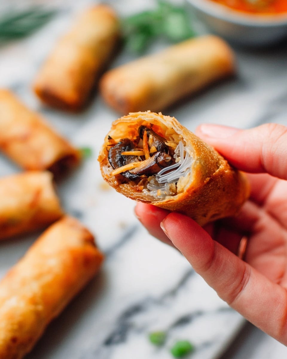 A close-up image of a woman's hand holding a piece of spring roll with a bite taken off, showing three layers inside: thin, translucent white rice noodles on top, dark brown cooked mushrooms in the middle, and light brown shredded vegetables at the bottom, all wrapped by a golden-brown crispy outer layer. In the background, several whole spring rolls rest on a white marbled surface, with a blurred bowl of dipping sauce and green garnish visible behind them. The image is bright and sharp, focusing on the spring roll held close to the camera. photo taken with an iphone --ar 4:5 --v 7