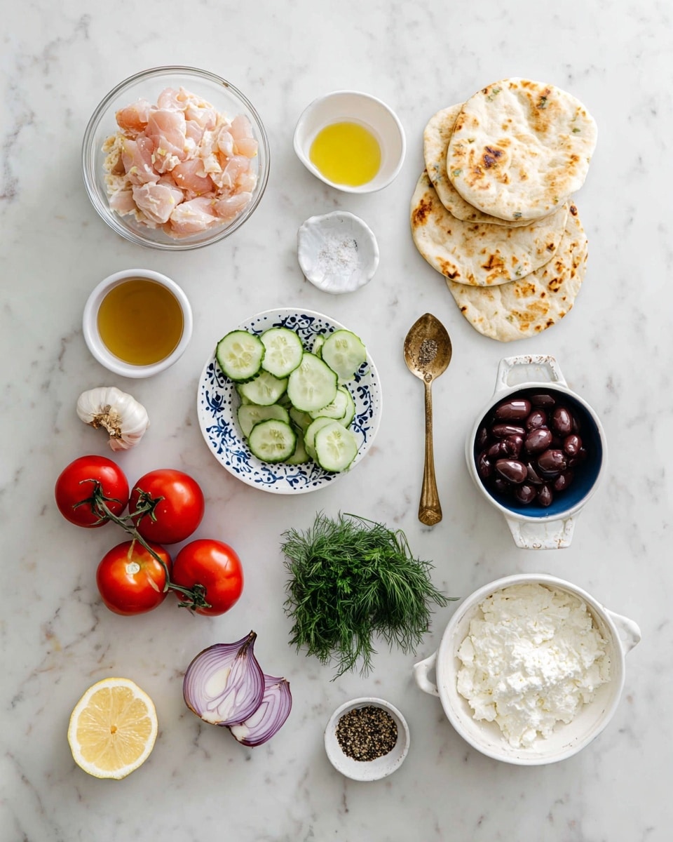 The image shows an overhead view of several ingredients neatly arranged on a white marbled surface. Starting from the top left, there is a clear glass bowl with small pieces of light pink raw chicken. To the right, a white plate with a blue floral pattern holds four pieces of pita bread with golden brown spots. Below the chicken, a small white bowl holds sliced cucumber pieces. Next to it, a tiny white bowl contains a light brown liquid, likely a sauce or dressing. Below this is a small glass bowl with a yellow liquid, possibly oil. Moving down, a white bowl with a brass spoon contains salt, and next to it is a small flower-shaped dish with black pepper. Adjacent to the pepper is a dark blue bowl with white crumbled cheese. To the right, a white bowl with handles contains dark olives. Below the olives, a small white bowl with fresh green herbs, including dill and basil, sits beside a white cup filled with a white creamy substance. Nearby, a small white dish holds green spice. At the bottom left, half a red onion and a halved lemon are placed with a small flower-shaped dish of peeled garlic cloves. Lastly, three whole red tomatoes are next to the lemon and garlic. photo taken with an iphone --ar 4:5 --v 7
