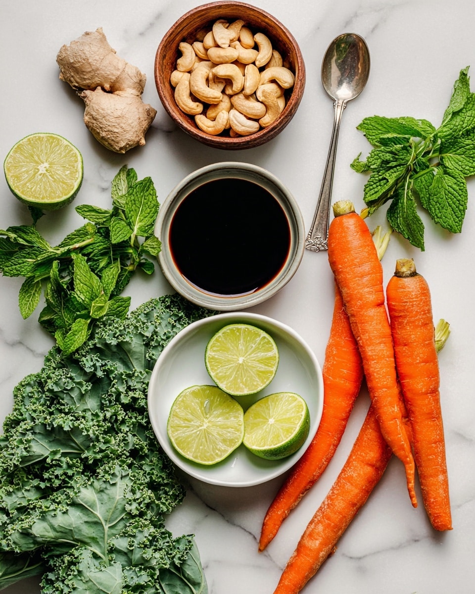 This image shows a flat lay of fresh and raw ingredients on a white marbled surface. On the right, there are three bright orange carrots with green tops. Near the bottom center, a white bowl contains three lime wedges with bright green skin and juicy texture. Above the lime bowl, there is a small white bowl filled with dark soy sauce. A large silver spoon with soy sauce rests next to a small brown bowl filled with light brown cashew nuts at the center top. Fresh green mint leaves and kale are scattered on the left, and some fresh ginger root with its beige skin and soft yellow inside is below the mint. The overall colors are fresh greens and bright orange with natural textures of the vegetables and nuts. photo taken with an iphone --ar 4:5 --v 7