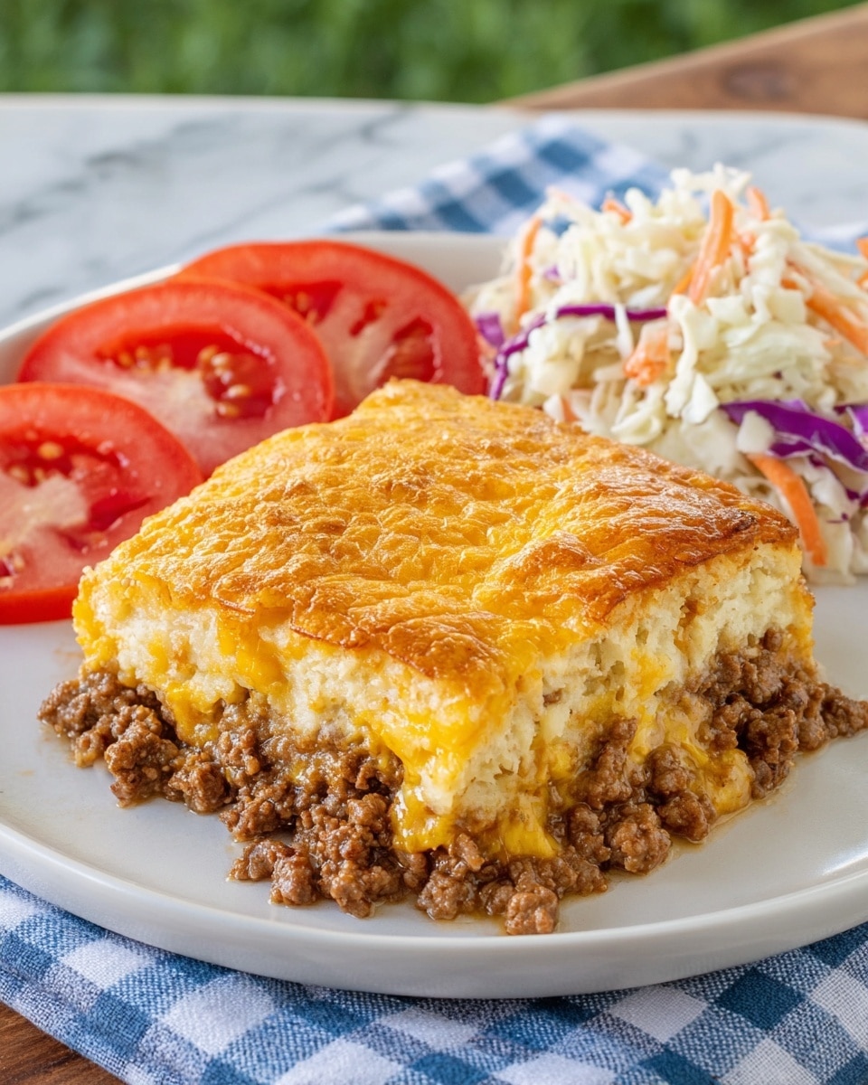 A white plate holds a square piece of layered casserole at the center. The bottom layer is crumbled cooked meat with a brown color mixed with melted yellow cheese. On top of this is a thick layer of golden brown baked crust that looks soft and slightly crispy. To the side of the casserole are three thick round red tomato slices and a small heap of coleslaw with shredded white cabbage, purple cabbage, and orange carrots. The plate rests on a checkered blue and white cloth over a white marbled surface. The background shows some green grass. Photo taken with an iphone --ar 4:5 --v 7