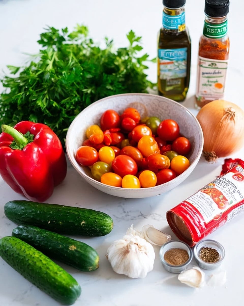 A white bowl filled with a mix of small red, orange, and yellow cherry tomatoes sits in the center on a white marbled surface. To its left, a large red bell pepper and fresh green parsley lay side by side, with several small green cucumbers arranged below the bowl along with two cloves of garlic. To the right of the bowl, there is a whole light brown onion, two small jars of spices, and a red tube labeled