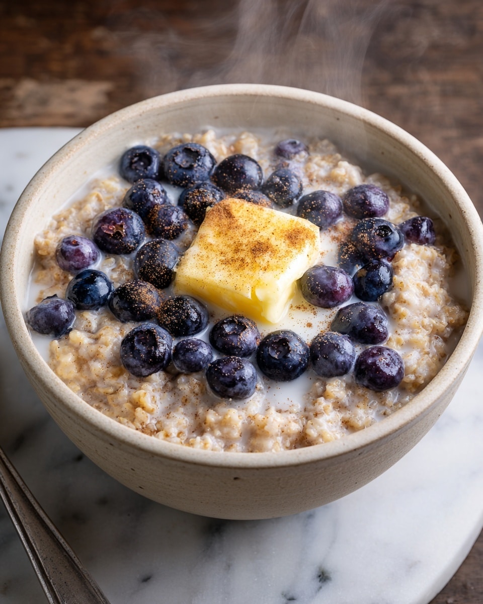 A light beige bowl filled with porridge that has visible soft grains and a creamy texture. On top, there are many dark blue blueberries spread evenly across the surface. A square pat of melting yellow butter is placed in the center, sprinkled lightly with brown cinnamon powder. White milk is drizzled over the porridge, and steam rises gently from the bowl. The bowl sits on a white marbled surface with a silver spoon placed nearby photo taken with an iphone --ar 4:5 --v 7