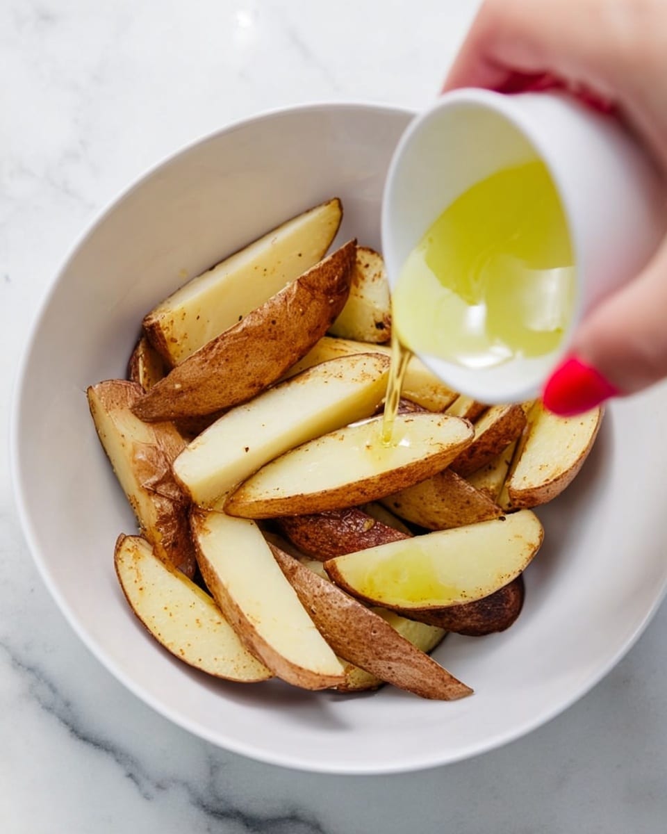 A white bowl holds several potato wedges with brown skins on the outside and pale yellow inside, stacked unevenly with some overlapping. Above the bowl, a woman's hand with red nail polish is pouring a light greenish-yellow liquid from a small white container, drizzling it over the potato wedges. The bowl is placed on a white marbled surface. photo taken with an iphone --ar 4:5 --v 7