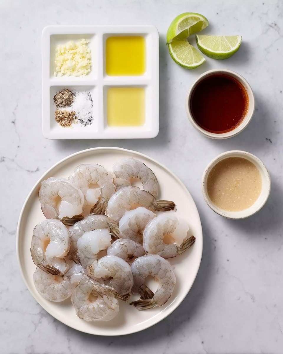 The image shows a white round plate filled with peeled raw shrimp arranged loosely with tails on, showing a light gray and translucent texture. To the left of the plate, there is a white square divided dish with four sections, each holding minced garlic, a pale yellow liquid, white salt, and black pepper respectively. Above the square dish, four lime wedges are placed in a row. Above the shrimp plate, two small white round bowls hold dark reddish-brown and light beige sauces. All items are placed on a white marbled surface. Photo taken with an iphone --ar 4:5 --v 7
