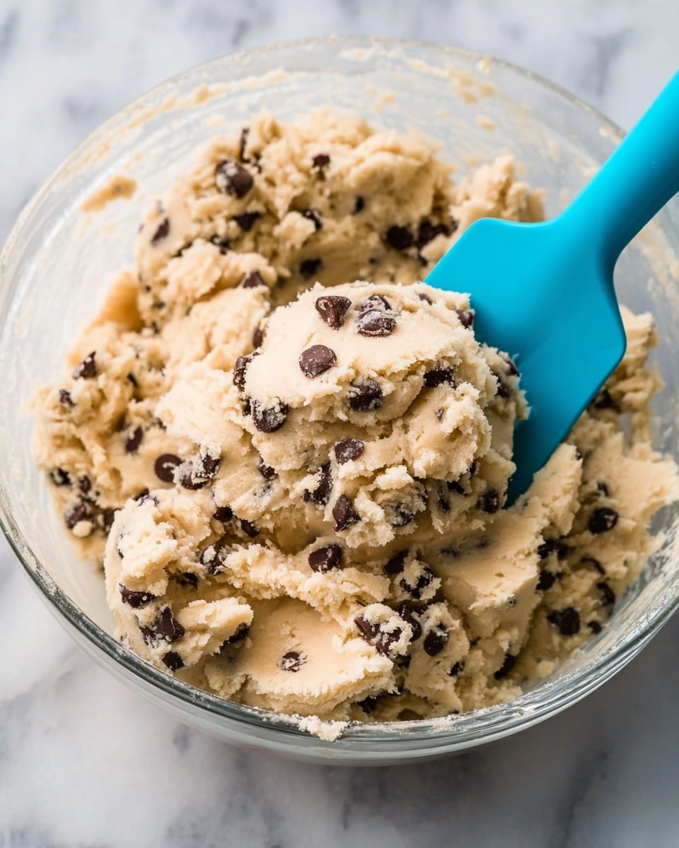 A clear glass bowl filled with creamy light beige cookie dough mixed with many small dark brown chocolate chips, showing a thick and slightly crumbly texture, with a blue spatula partially inserted into the dough, all placed on a white marbled surface. photo taken with an iphone --ar 4:5 --v 7